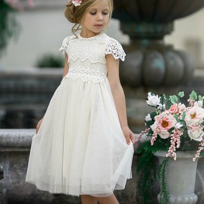 Ivory lace tulle flower girl dresses,cap sleeves cheap flower girl dresses,1052