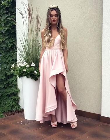 A-Line V-Neck Pink High Low Bridesmaid Dresses Prom Dresses,1054