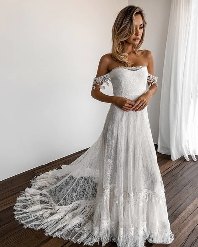 Romantic Off the Shoulder White Lace Long Bridal Gown,1056