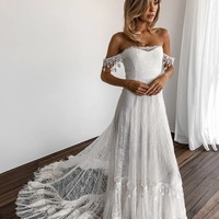 Romantic Off the Shoulder White Lace Long Bridal Gown,1056 - Thumbnail 2
