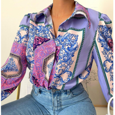 Women's long sleeve blue print blouse