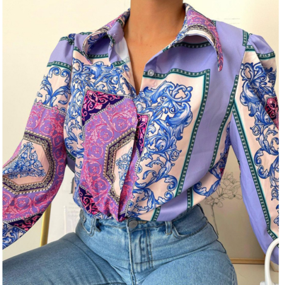 Women'S Long Sleeve Blue Print Blouse