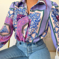Women'S Long Sleeve Blue Print Blouse - Thumbnail 2