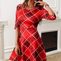 Sexy Round Neck Check Print High Waist Dress - Thumbnail 1
