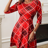 Sexy Round Neck Check Print High Waist Dress - Thumbnail 4