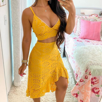 Sling v-neck women's solid color two-piece dress