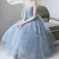Blue tulle lace short A line prom dress party dress - Thumbnail 1