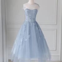 Blue tulle lace short A line prom dress party dress - Thumbnail 2