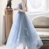 Blue tulle lace short A line prom dress party dress - Thumbnail 3