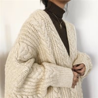 Retro Cable Knitted Longline Thick Cardigan - Thumbnail 1
