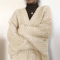 Retro Cable Knitted Longline Thick Cardigan - Thumbnail 2