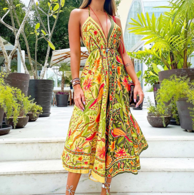 Sling V-Neck Women'S Print Dress