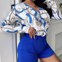 V-Neck Long Sleeve Chain Print Two-Piece Set - Thumbnail 3