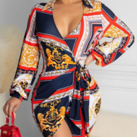 Sexy Printed Long Sleeve Deep V-Neck High Waist Dress - Thumbnail 2