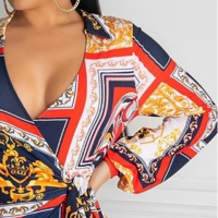 Sexy Printed Long Sleeve Deep V-Neck High Waist Dress - Thumbnail 1
