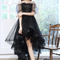 Black tulle lace high low prom dress party dress - Thumbnail 1