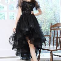 Black tulle lace high low prom dress party dress - Thumbnail 2