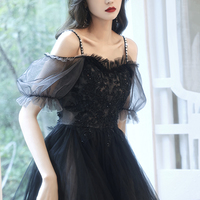 Black tulle lace high low prom dress party dress - Thumbnail 3