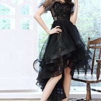 Black tulle lace high low prom dress party dress - Thumbnail 4