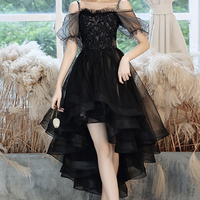Black tulle lace high low prom dress party dress - Thumbnail 5