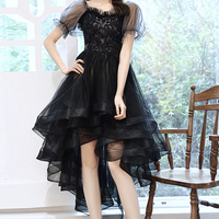 Black tulle lace high low prom dress party dress - Thumbnail 7
