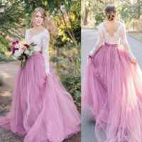 A Line Long Sleeve V Neck Pink Tulle Lace Bodice Wedding Dress  - Thumbnail 1