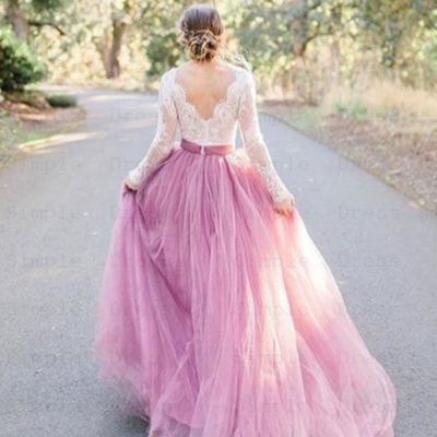 A line long sleeve v neck pink tulle lace bodice wedding dress  - Thumbnail 2