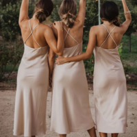 Sheath Champagne Silk Satin Midi Length Bridesmaid Dresses - Thumbnail 1