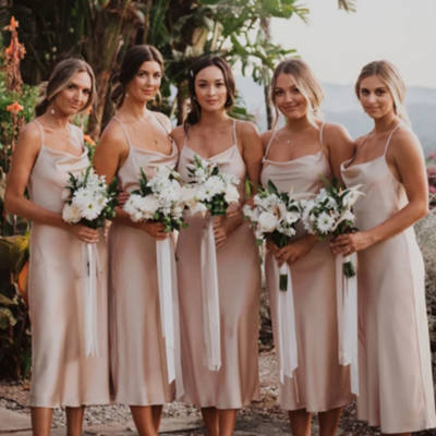 Sheath champagne silk satin midi length bridesmaid dresses - Thumbnail 3