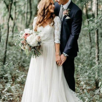 Half Sleeves V Neck Long Backless Wedding Dresses with Appliques - Thumbnail 1