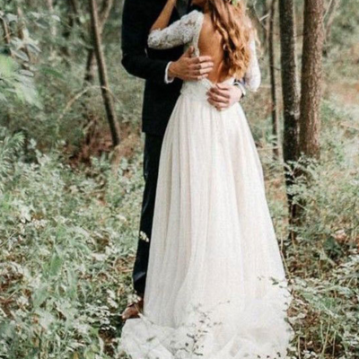 Half sleeves v neck long backless wedding dresses with appliques - Thumbnail 4