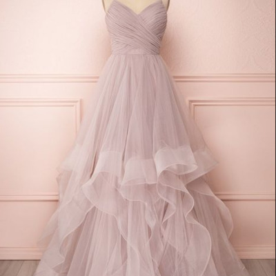 Charming pink tulle a line prom dress , party gown - Thumbnail 4