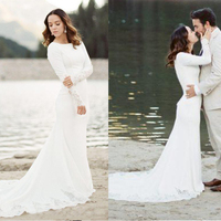 2021 New Crepe Simple Modest Wedding Dresses With Long Sleeves Lace Appliques Full Sleeves Country Women Informal Modest Bridal Gowns，539 - Thumbnail 1