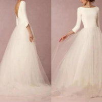 Modest Wedding Dresses A Line Top Backless 2021 Bridal Gowns with Long Sleeves Simple Designer Tulle Skirt Sweep Train,540 - Thumbnail 2
