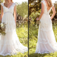 Empire Vintage V Neck Beach Lace White Wedding Dresses Bridal Gowns Custom,543 - Thumbnail 1