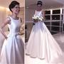 Concise Puffy Satin Scoop-Neck Court Train Wedding Dress with Front Bow and Pockets Bridal Gowns Long Prom Dresses,545-1