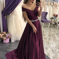 Elegant Off the Shoulder Grape Satin Long Prom Evening Dresses with Beading - Thumbnail 1