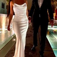 Simple Mermaid Cowl Neck Silk Satin Wedding Dresses - Thumbnail 2