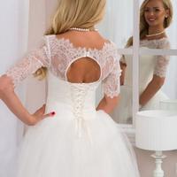 Chic A-Line Off the Shoulder Half Sleeve White Tulle Lace Wedding Dresses - Thumbnail 1