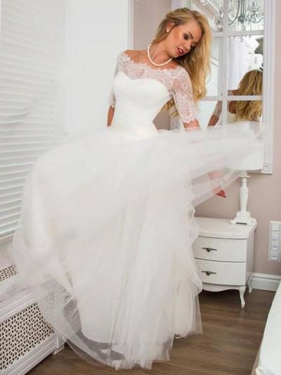 Chic A-Line Off the Shoulder Half Sleeve White Tulle Lace Wedding Dresses