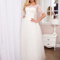 Chic A-Line Off the Shoulder Half Sleeve White Tulle Lace Wedding Dresses - Thumbnail 2