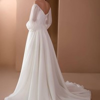 Simple A-Line Off the Shoulder Long Sleeve Chiffon Beach Wedding Dresses - Thumbnail 1