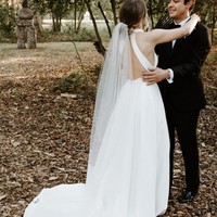 Modest A-Line Halter White Satin Wedding Dresses - Thumbnail 1