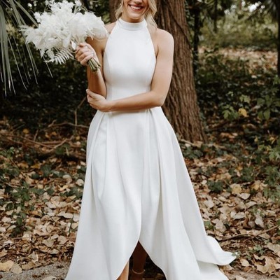 Modest a-line halter white satin wedding dresses - Thumbnail 4