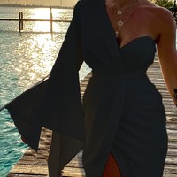 Irregular Sexy Split Long Sleeve Dress - Thumbnail 4