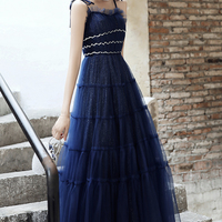 Blue tulle long A line prom dress blue evening dress - Thumbnail 1