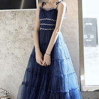 Blue tulle long A line prom dress blue evening dress - Thumbnail 2