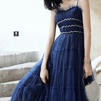 Blue tulle long A line prom dress blue evening dress - Thumbnail 3