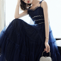 Blue tulle long A line prom dress blue evening dress - Thumbnail 4