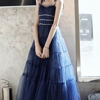 Blue tulle long A line prom dress blue evening dress - Thumbnail 5